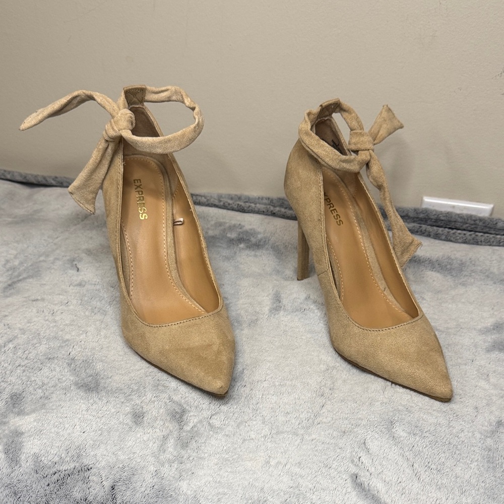 Express Nude Suede Ankle Tie Strap Pump Heel - Size 6